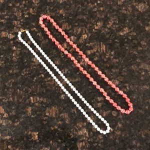 Necklaces 14” white gloss bead. Coral silk wrapped bead both w/ gold spacer bead